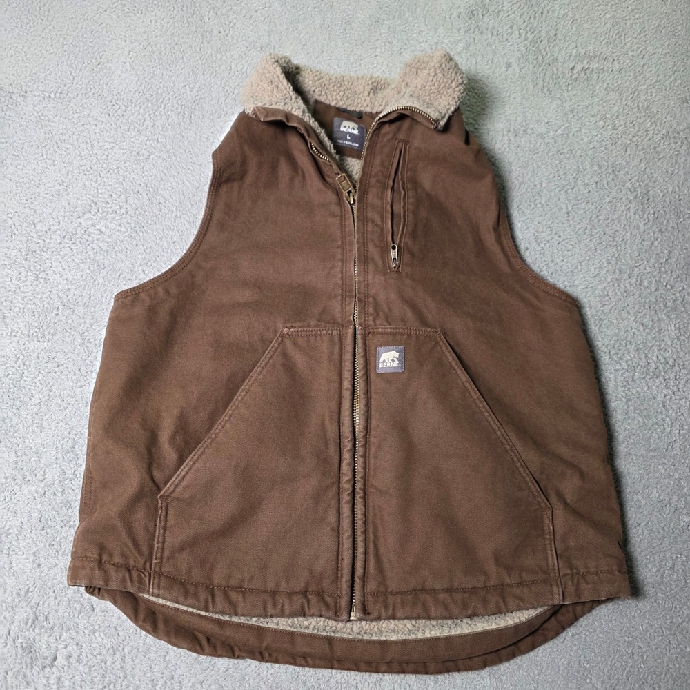 Berne Mens L Workwear Vest Brown Sherpa Lined Cotton Duck Canvas V818BB